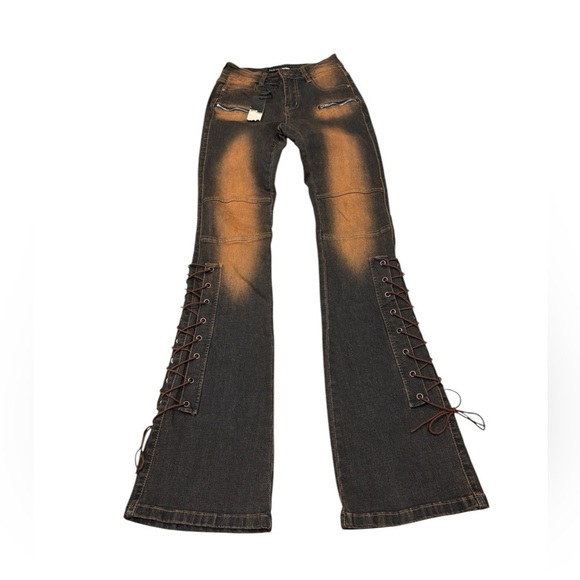 Fashion Nova Tongue Tied Flare Jeans Dark Wash NWT Size 1 Y2K Retro Stretchy - Picture 2 of 7